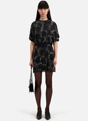Vestido corto con cuello redondo y lentejuelas en negro